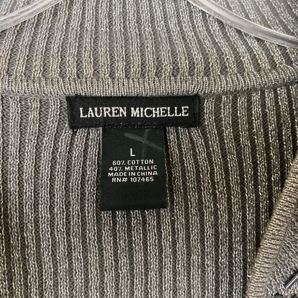 Lauren Michelle Metallic Beaded Shirt Size L Gray Silver Stretchy Knit Party - Picture 8 of 9